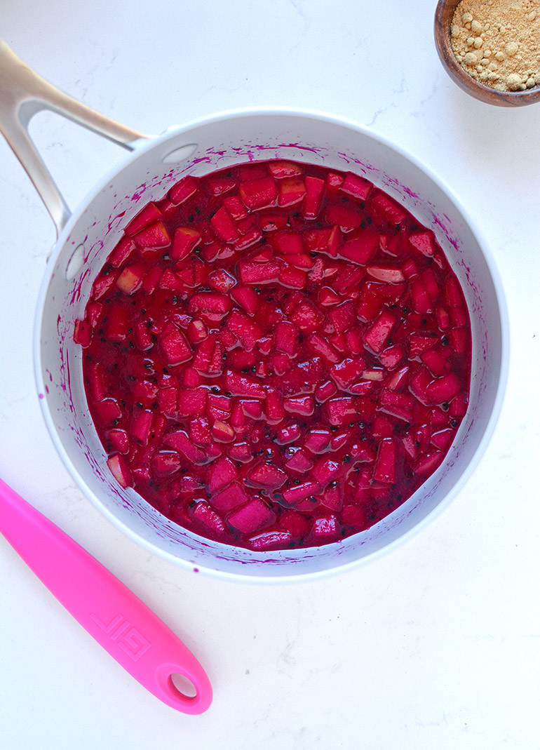 apple dragonfruit compote in greenpan