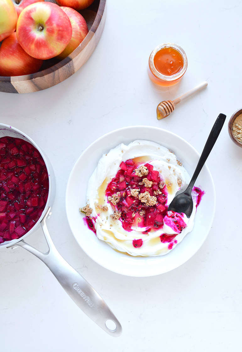 honeycrisp apple dragonfruit yogurt bowl with granola