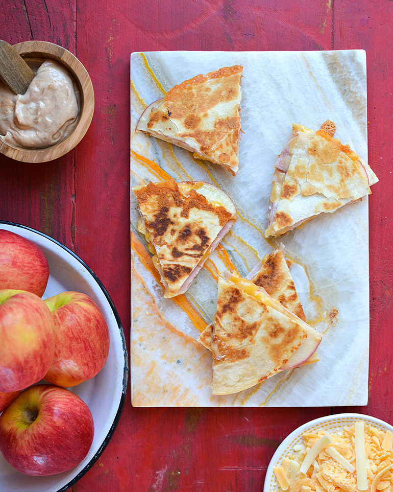 autumn glory apple quesadillas on marble board