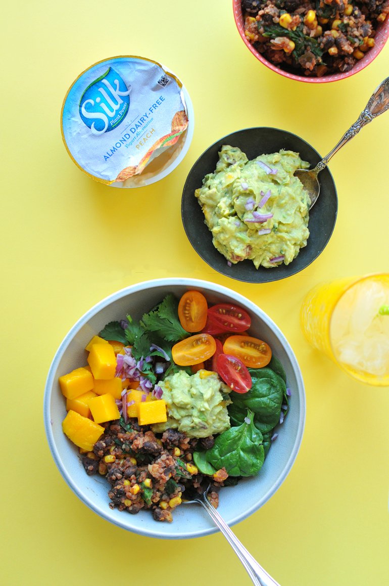 beans and greens buddha bowl with peach guac