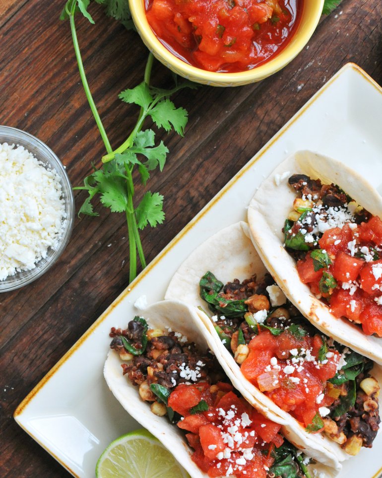 beans and greens tacos with watermelon salsa