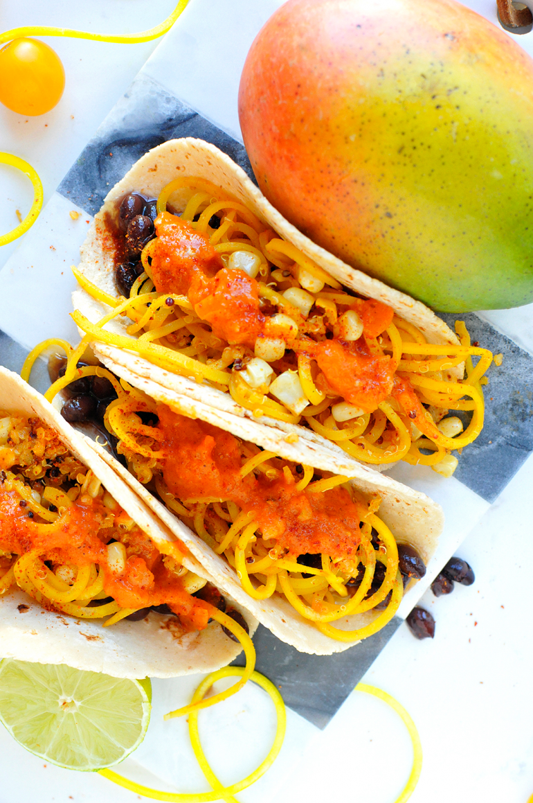 golden beet noodle tacos with mango salsa