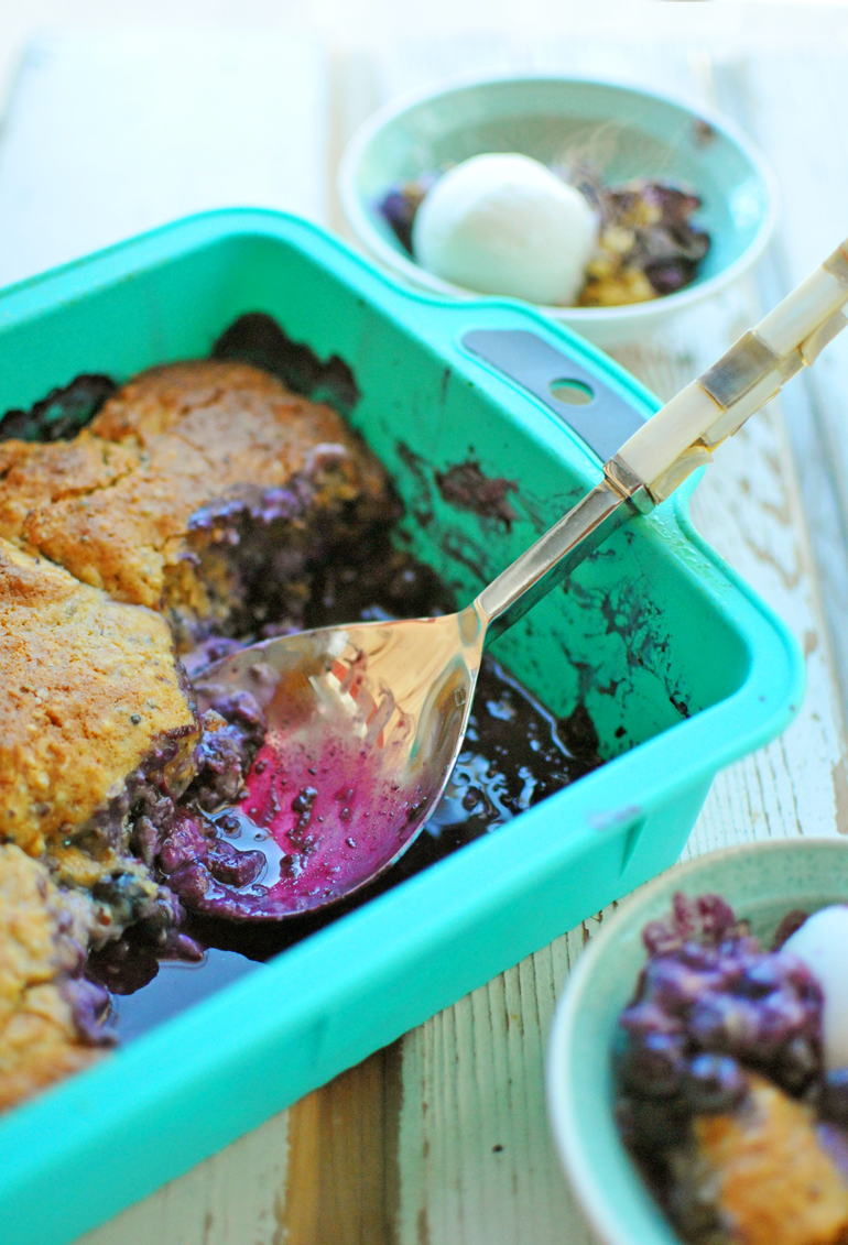 blueberry cobbler with quinoa in pan