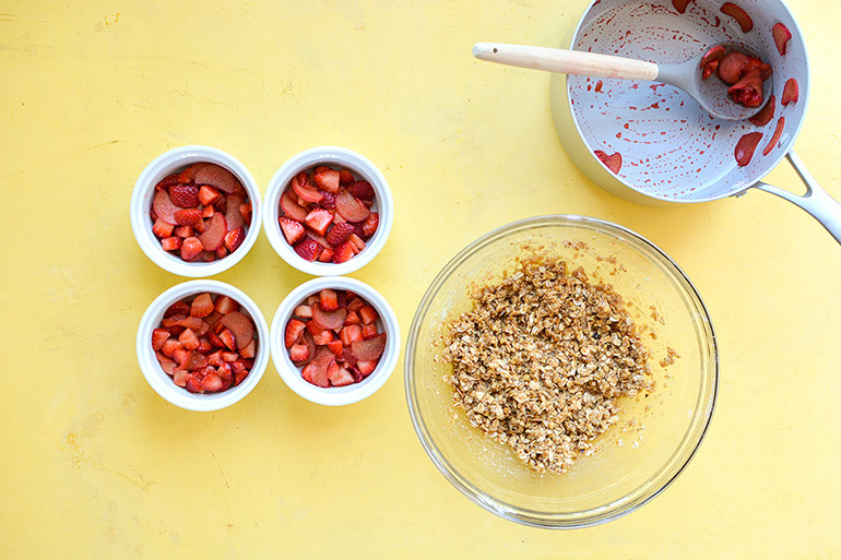 strawberry rhubarb cobbler in ramekins