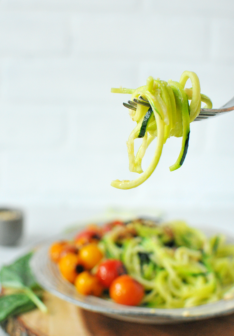 buttered zoodles on fork