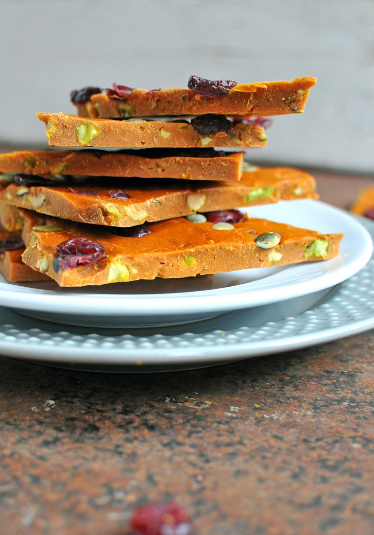 pumpkin bark with cranberries and pepitas