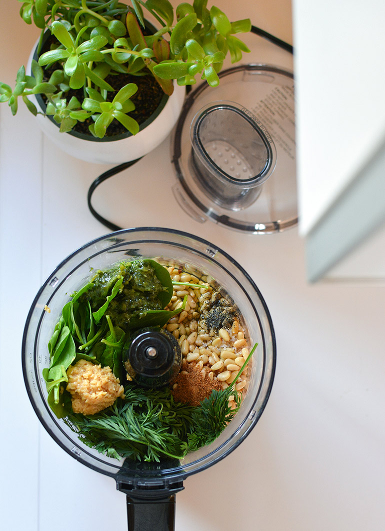 vegan carrot top pesto in food processor