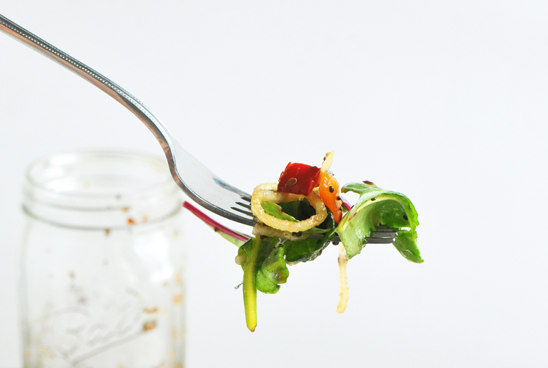 chinese mason jar salad on fork