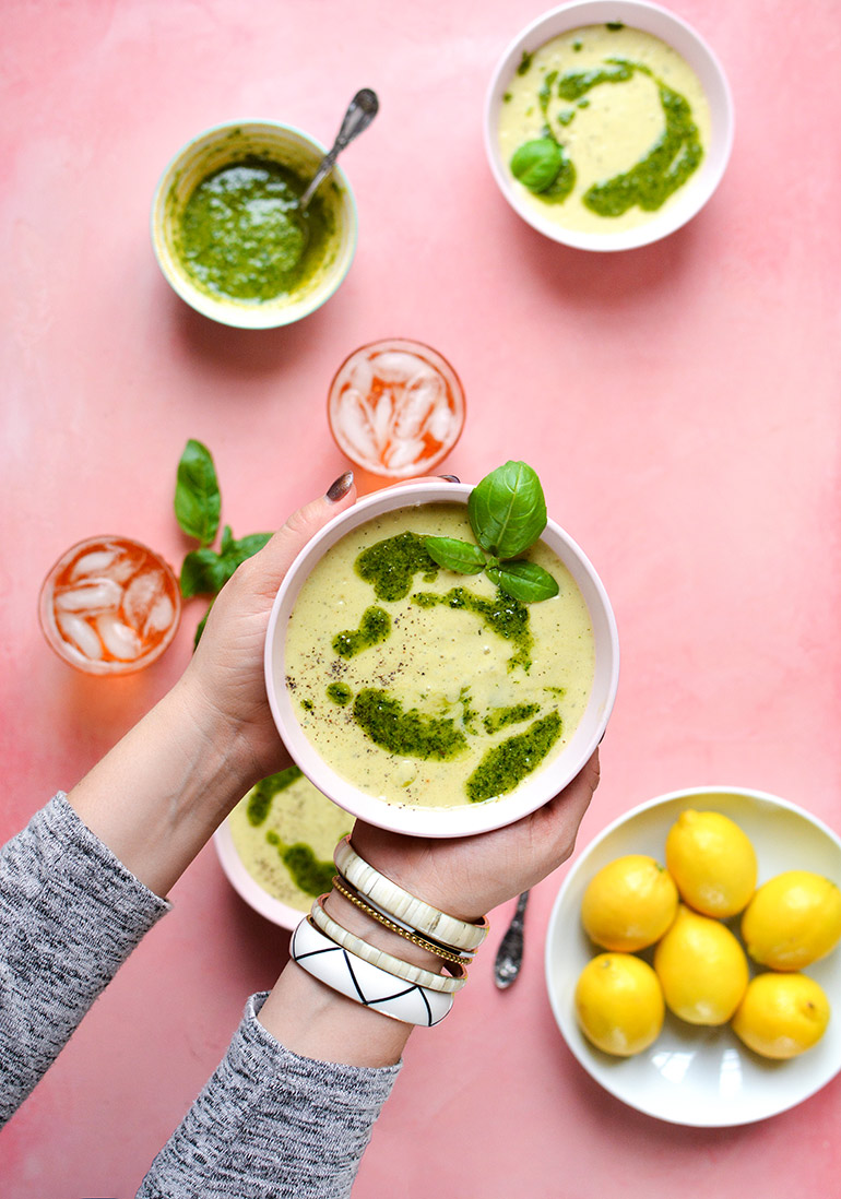 creamy lemon potato bisque with carrot top pesto