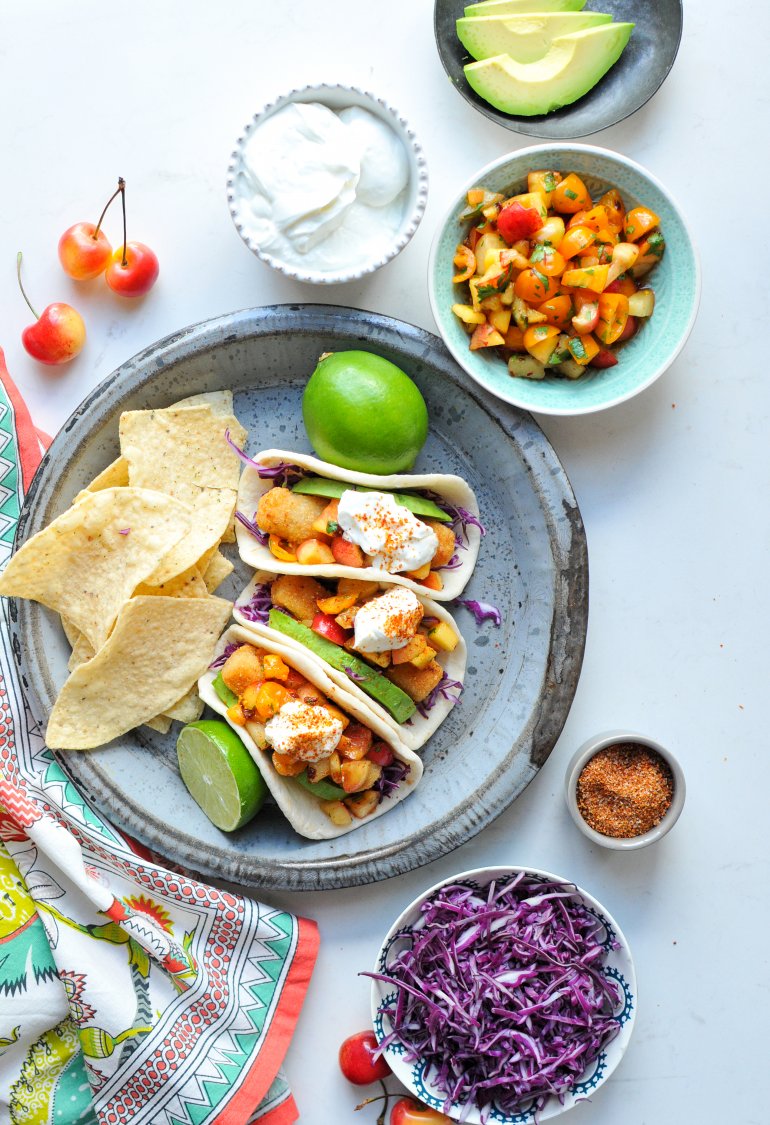 easy fish tacos with peach cherry salsa