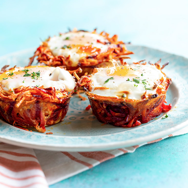 egg nests with root veggies