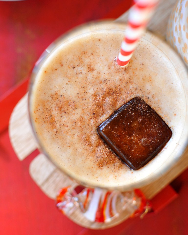 3 ingredient eggnog smoothie with coffee ice cubes