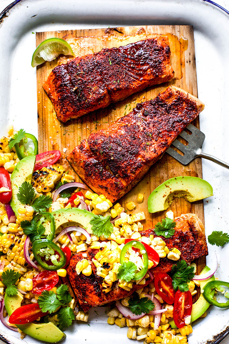 Grilled Chili Lime Salmon with Corn and Avocado Salad | Nosh and Nourish