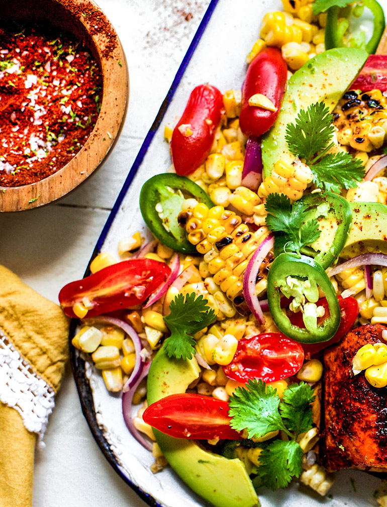 close up of chili lime spice and corn salad