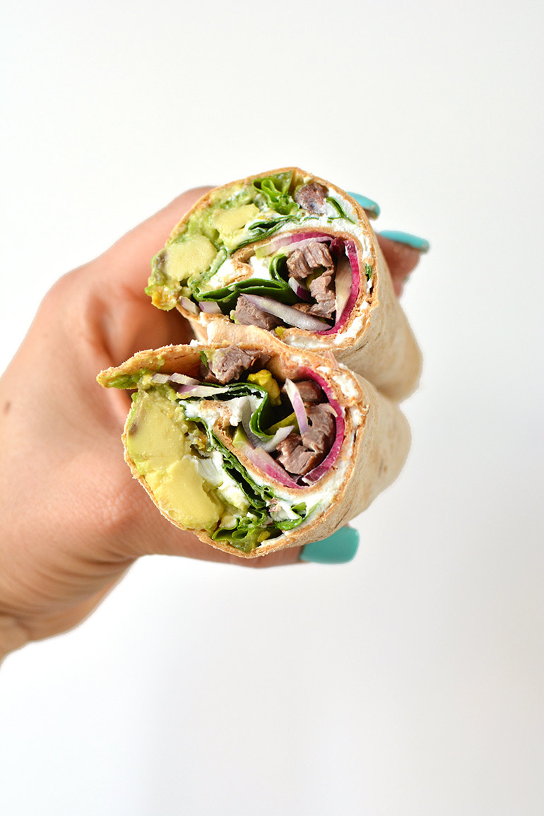 flatout steak wrap with avocado and pistachios