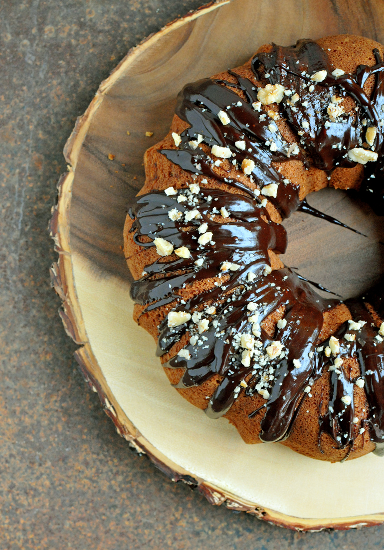 easy olive oil cake with chocolate drizzle and walnuts