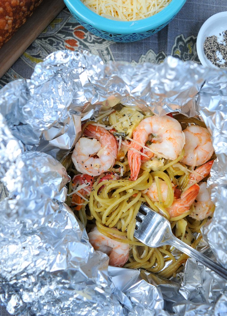 shrimp bruschetta pasta foil packet close-up