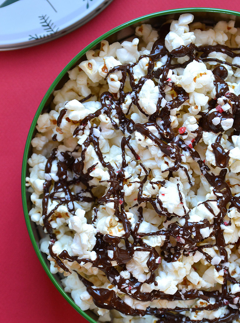 closeup of holiday popcorn tin