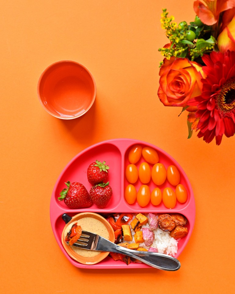 almond butter dipping sauce with roasted veggies