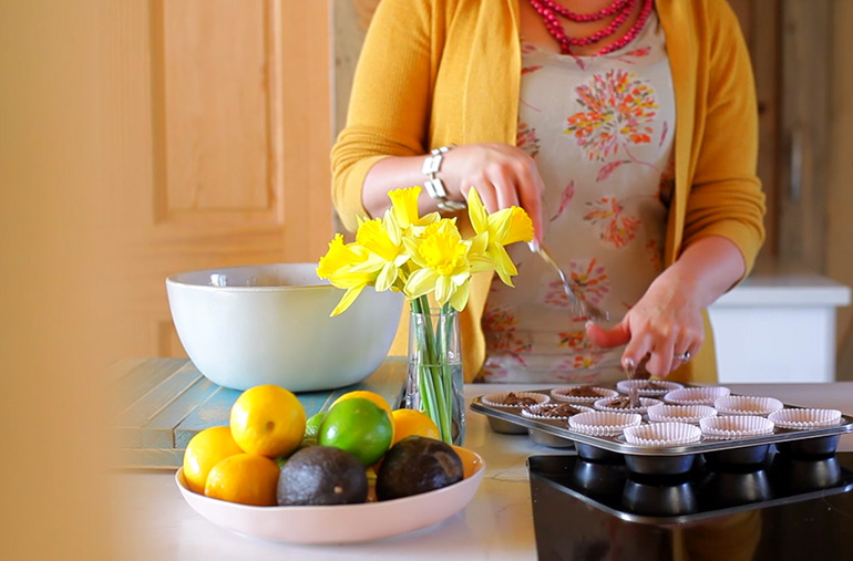 making chocolate avocado muffins with horizon