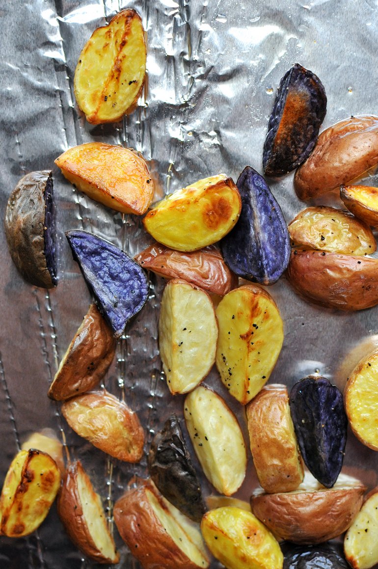 roasted rainbow potatoes on foil