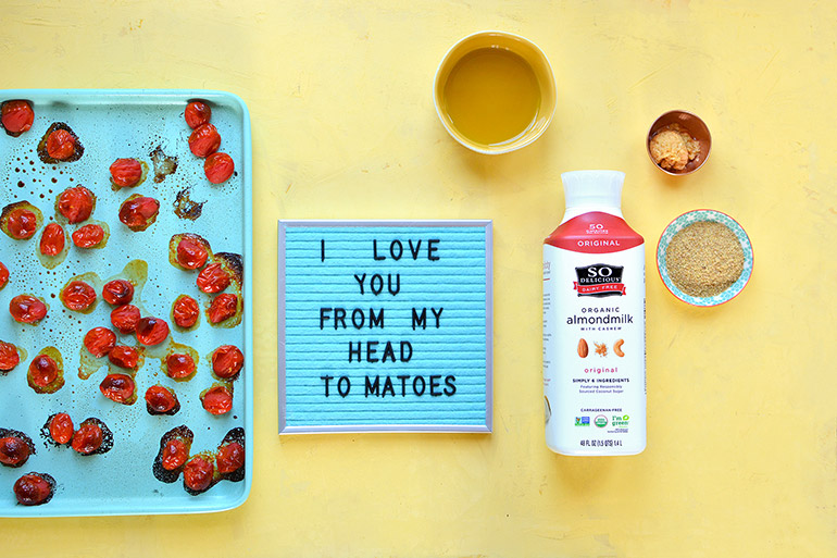 roasted tomatoes with letterboard