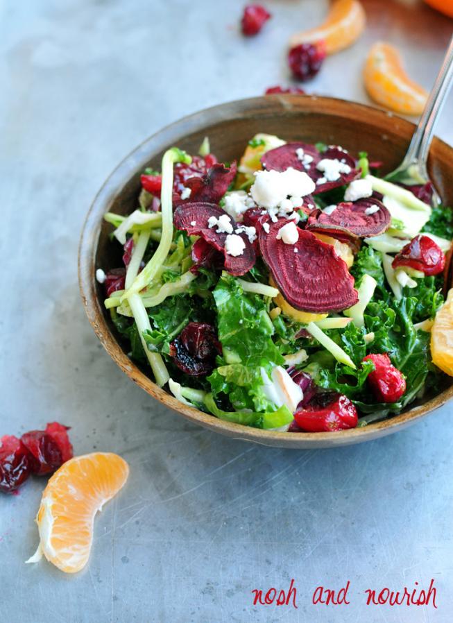 Orange Kale & Brussels Salad w/Roasted Cranberries | Nosh and Nourish