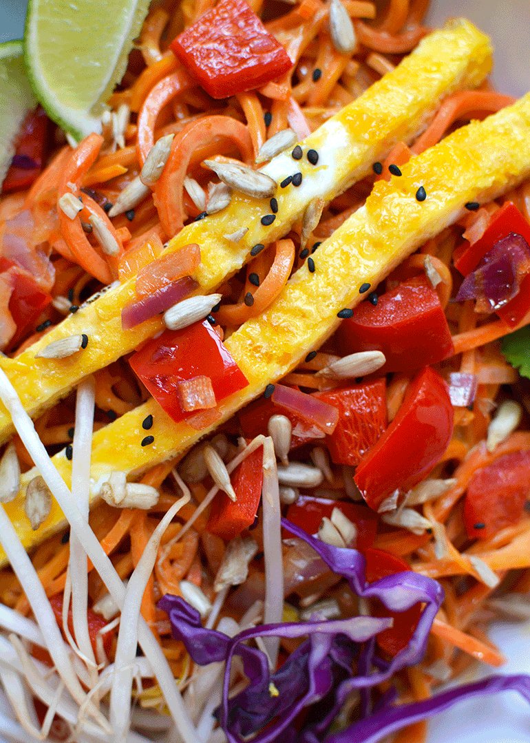 closeup of paleo pad thai with sweet potato noodles