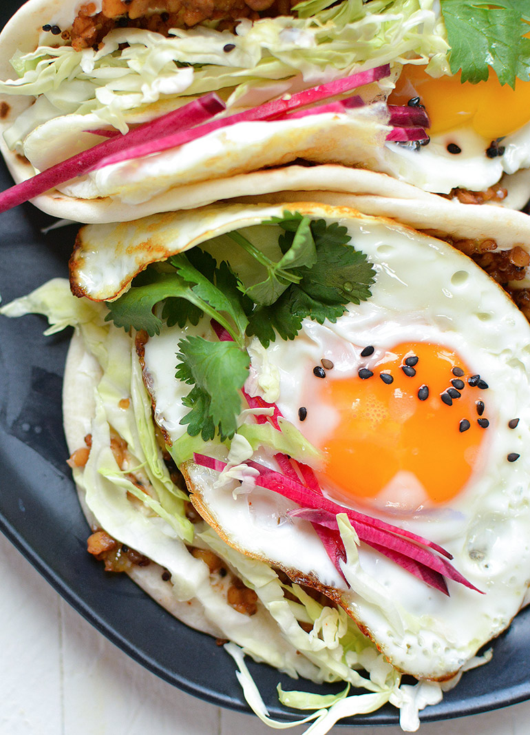 closeup of pepper jelly and cream cheese breakfast tacos