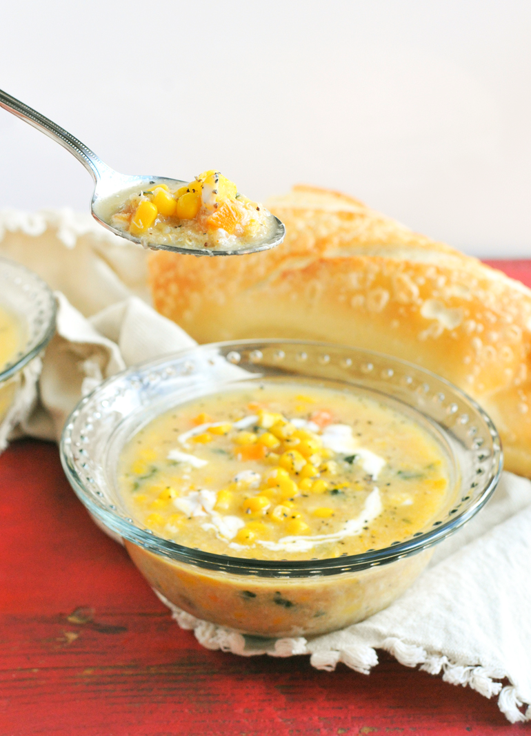 quinoa crab corn chowder spoonful