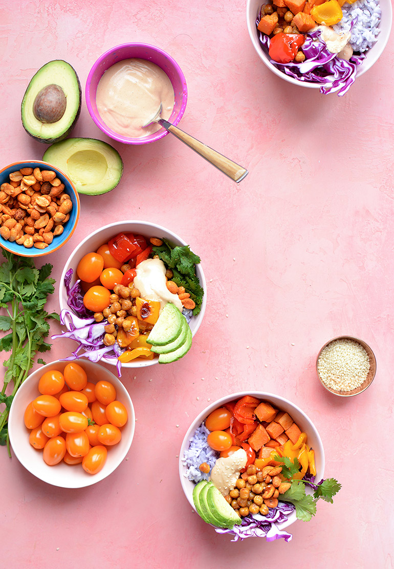 rainbow buddha bowls with Silk and Sprouts