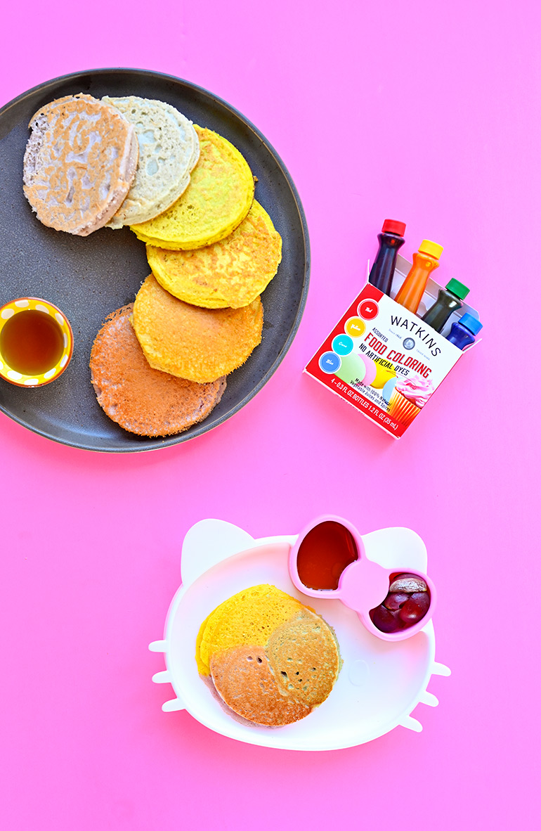 easy rainbow pancakes on hello kitty plate