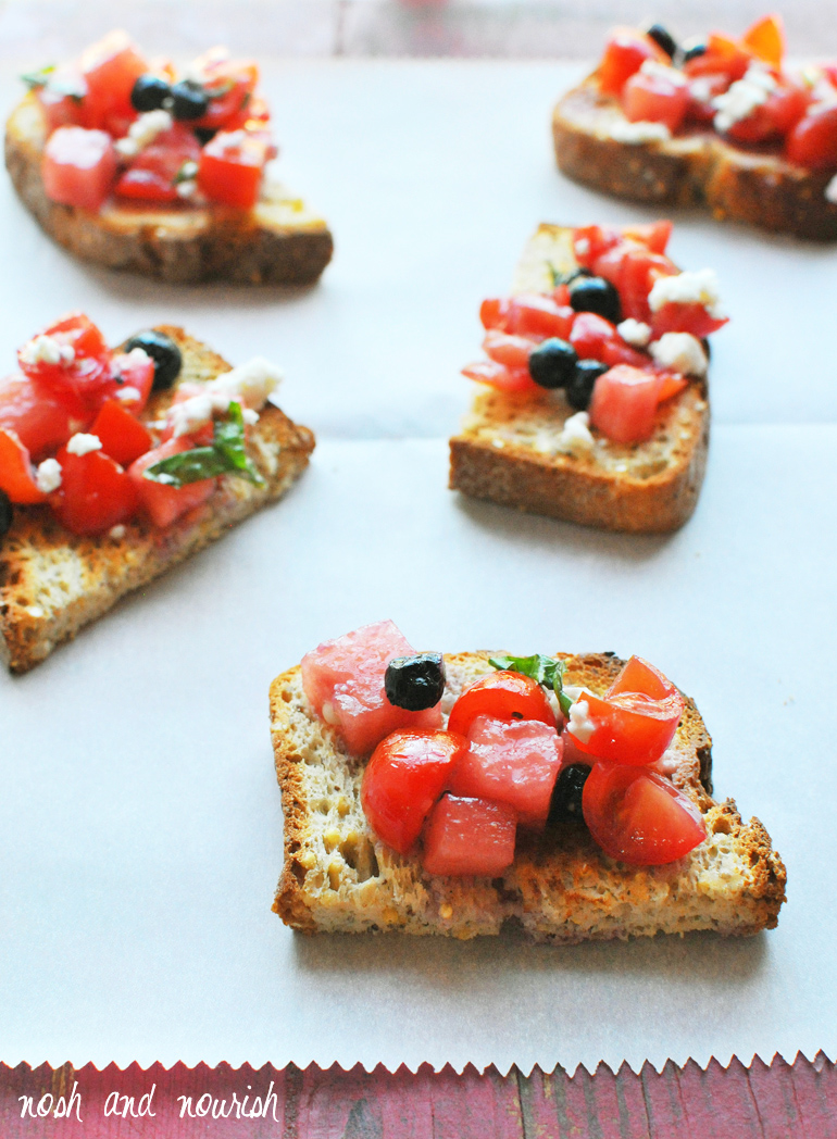 red white and blue bruschetta on gluten-free bread