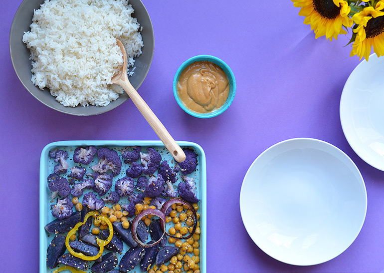 roasted veggies with coconut rice ready to be served