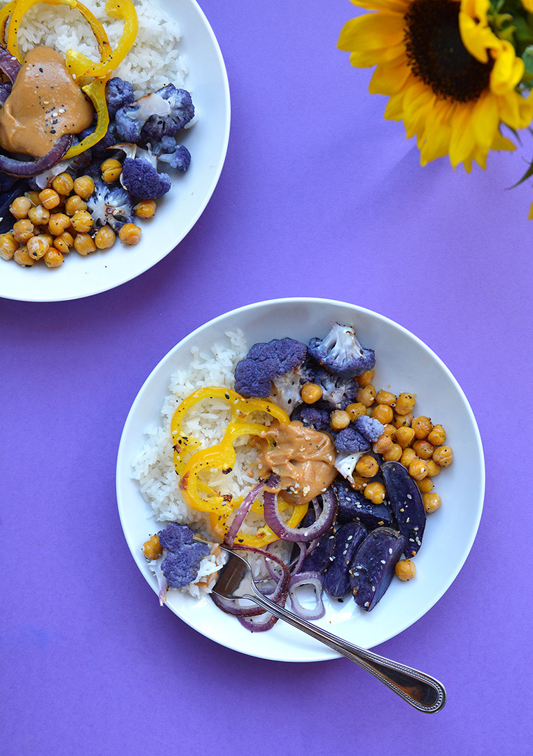 purple nourish bowl with coconut rice