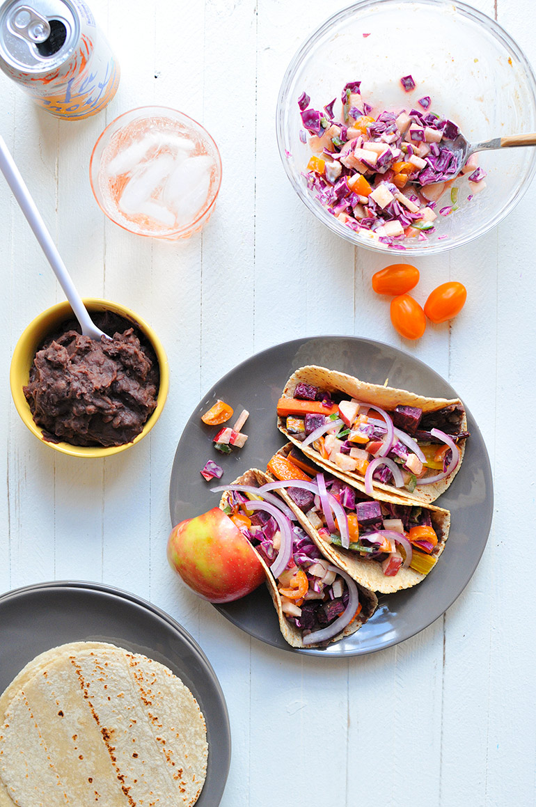 roasted carrot and black bean tacos with apple slaw