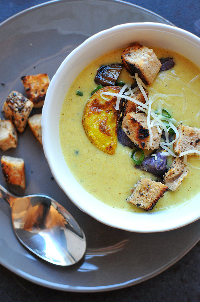 closeup of roasted cauli and potato soup