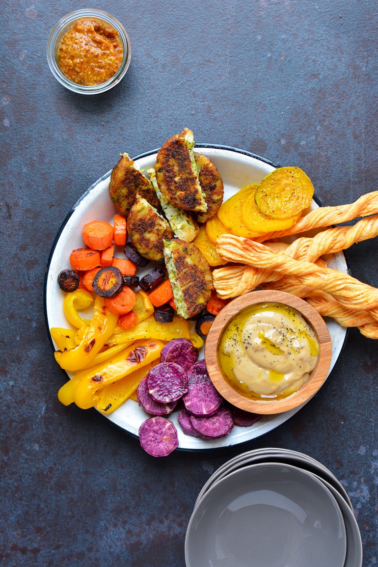 roasted fall veggie platter with black truffle aioli