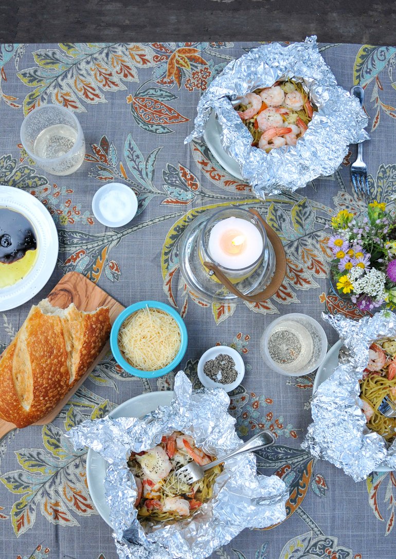 shrimp bruschetta pasta for glamping