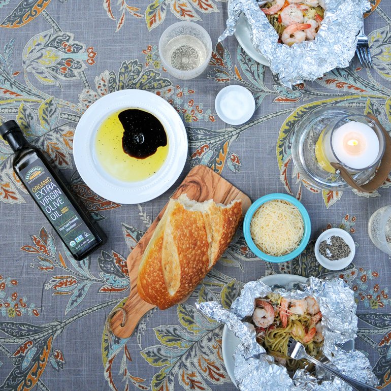 shrimp bruschetta pasta with bread and olive oil