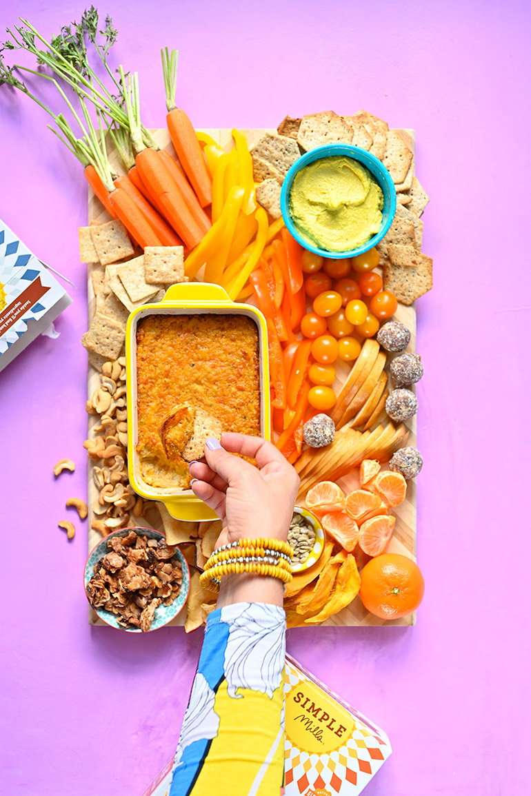 buffalo cauliflower dip snack tray with simple mills