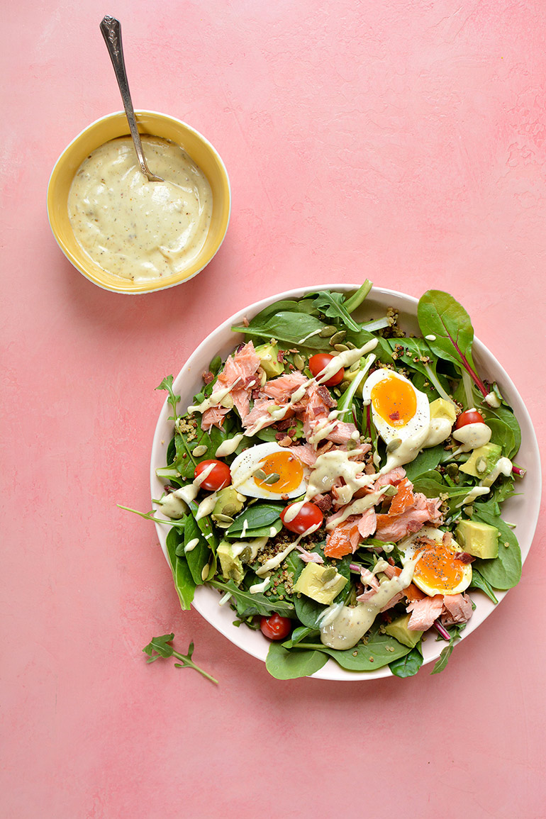 smoked salmon cobb salad with creamy lemon dressing