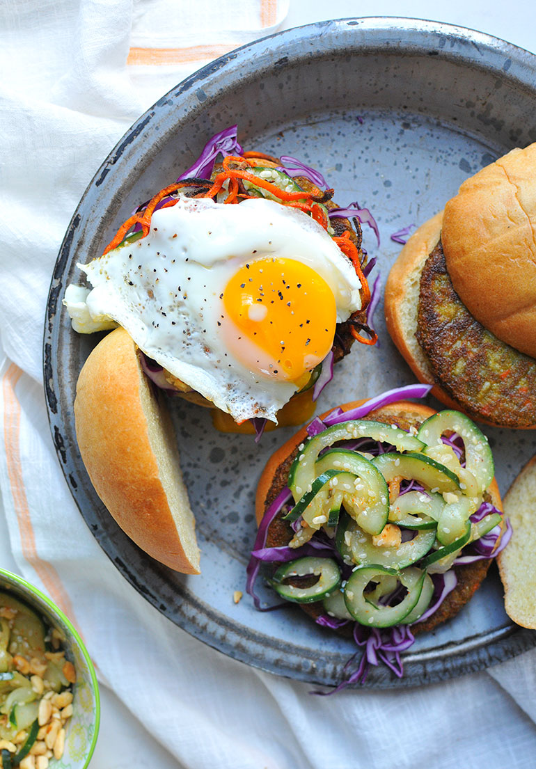 spicy pickled cucumbers on korean bbq veggie burgers