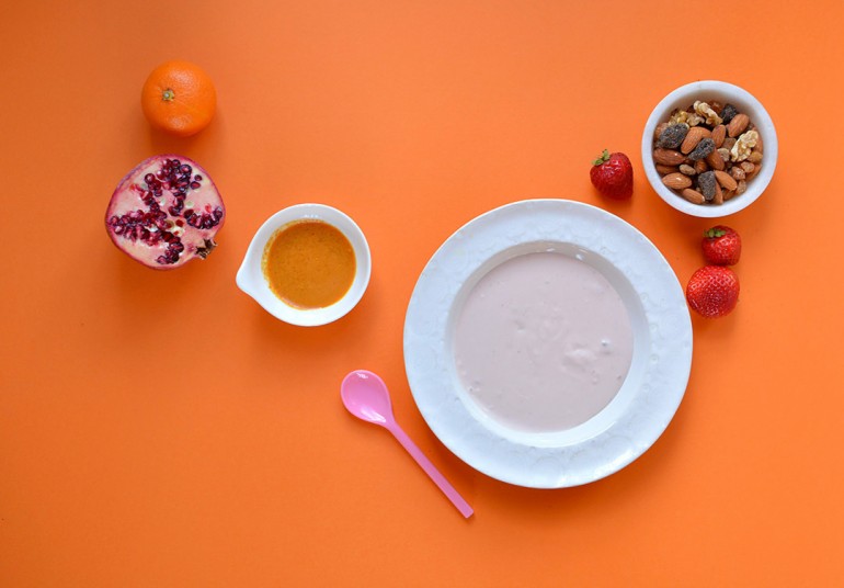yogurt parfait bowl in process