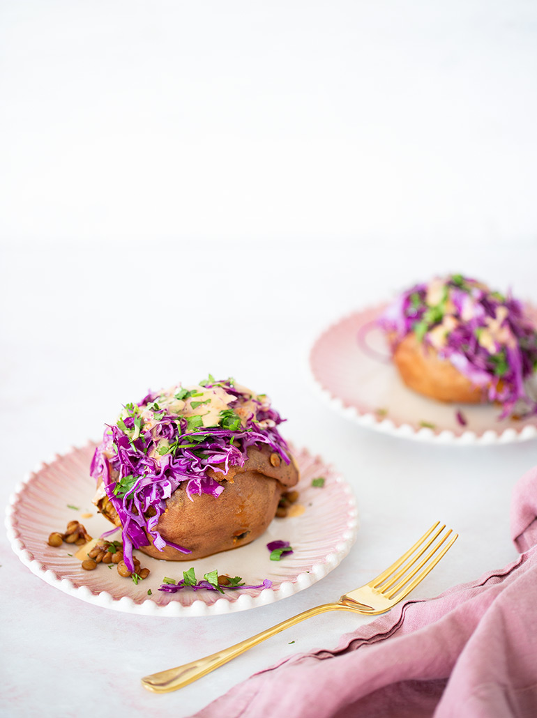 stuffed sweet potatoes with bbq lentils