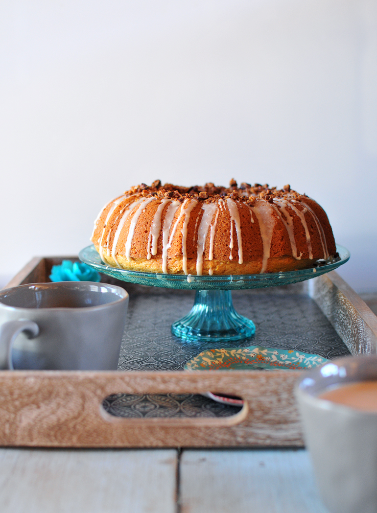 sweet potato bourbon cake on stand