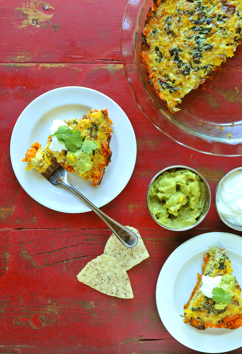 organic southwestern quiche on a sweet potato crust