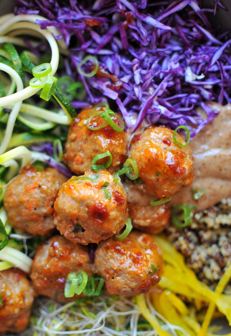 Thai Meatball Zoodle Bowl with Almond Butter Sauce | Nosh and Nourish