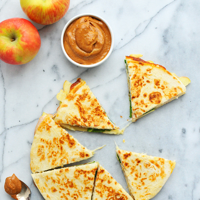 turkey apple quesadillas with creamy pumpkin bbq sauce