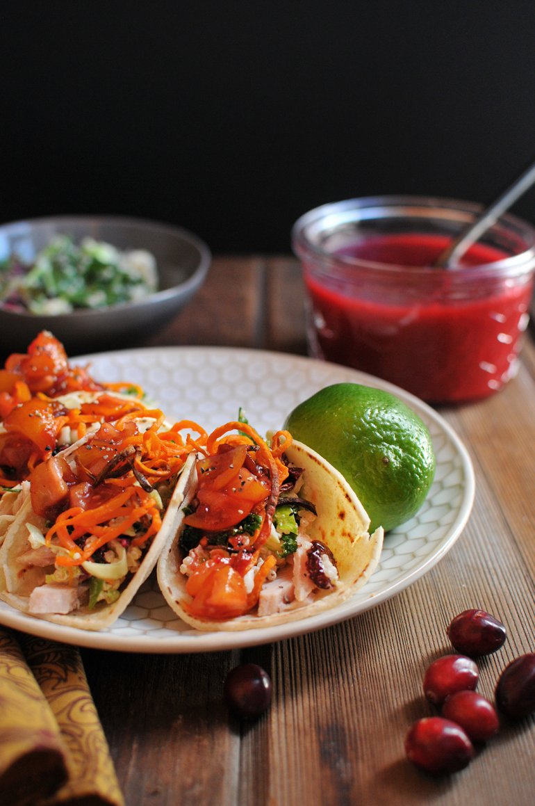 Turkey Tacos with Cranberry Chipotle Salsa | Nosh and Nourish